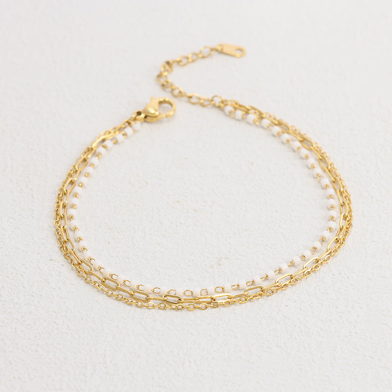 White Beaded Bracelet - Stainless Steel Delicate Chain Jewelry for Women