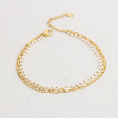 White Beaded Bracelet - Stainless Steel Delicate Chain Jewelry for Women