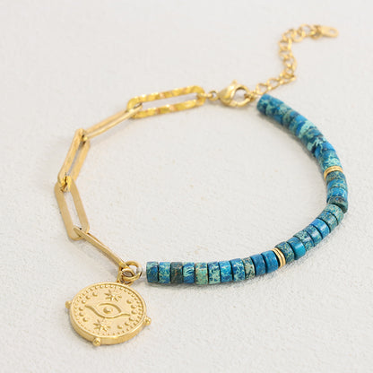 Blue Lapis Lazuli Evil Eye Bracelet - Stainless Steel Curb Chain Women's Jewelry