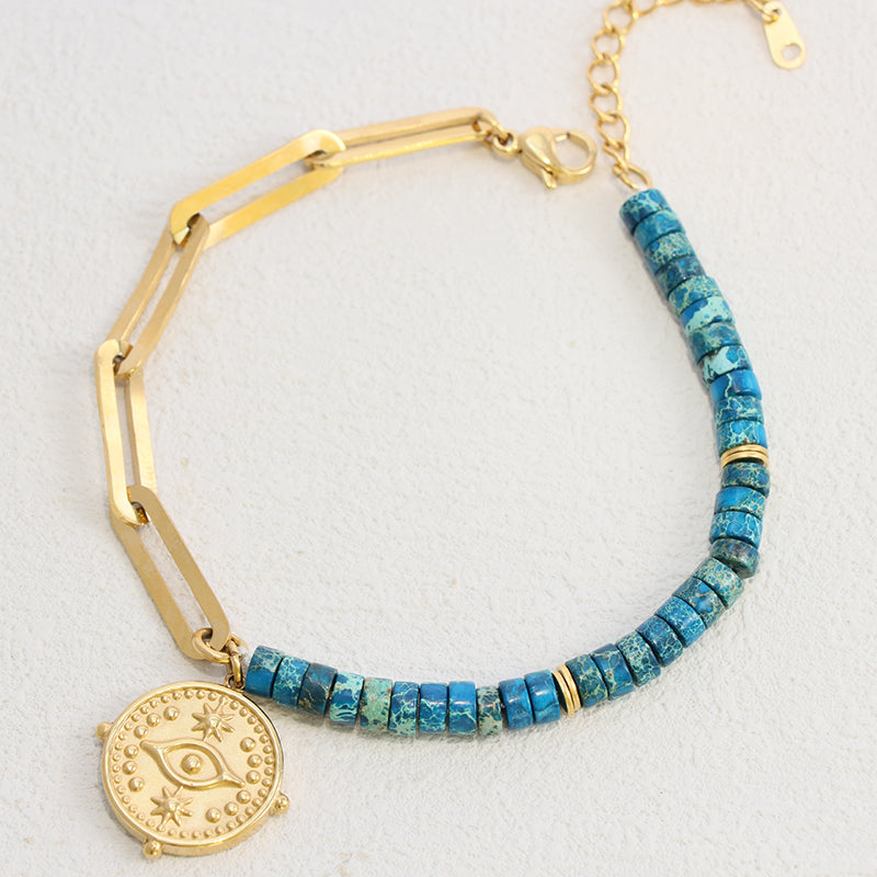 Blue Lapis Lazuli Evil Eye Bracelet - Stainless Steel Curb Chain Women's Jewelry