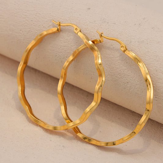 Minimalist Stainless Steel Wave Texture Hoop Earrings