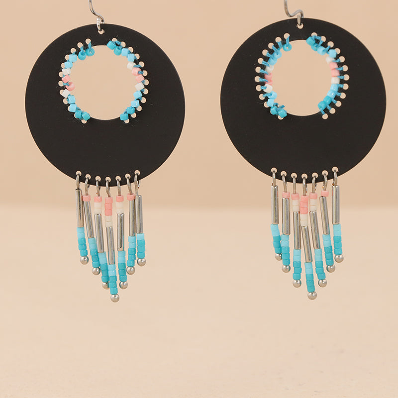 Ethnic Black Copper Asymmetrical Earrings with Tassels