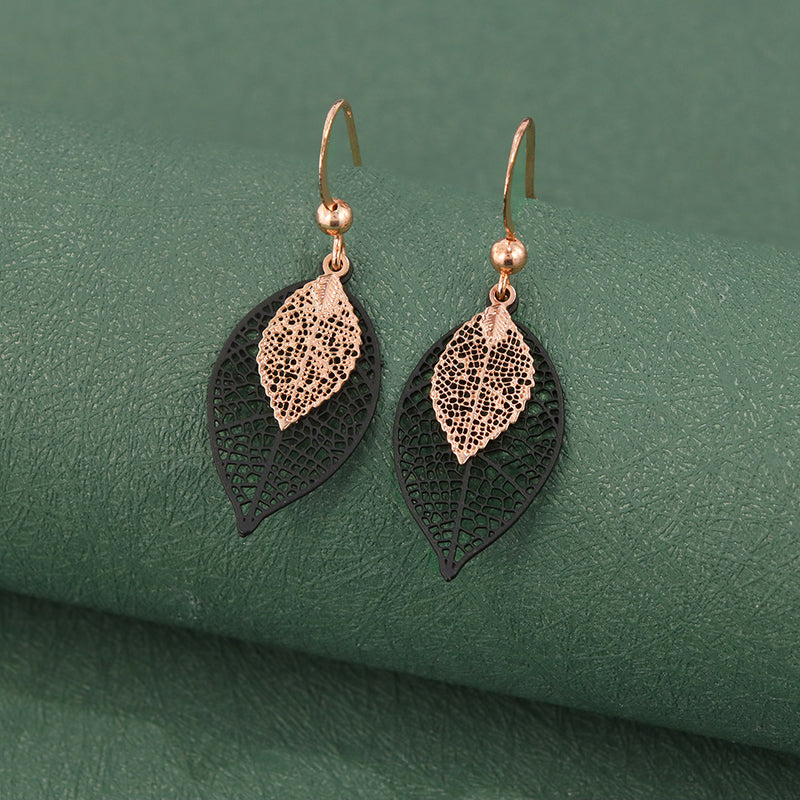 Black Copper Leaf Dangle Earrings, Vintage Nature-Inspired Jewelry