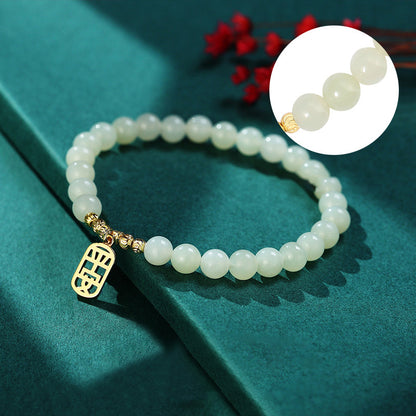 Imperial Fu Character Bracelet 925 Silver Jade Beaded Jewelry
