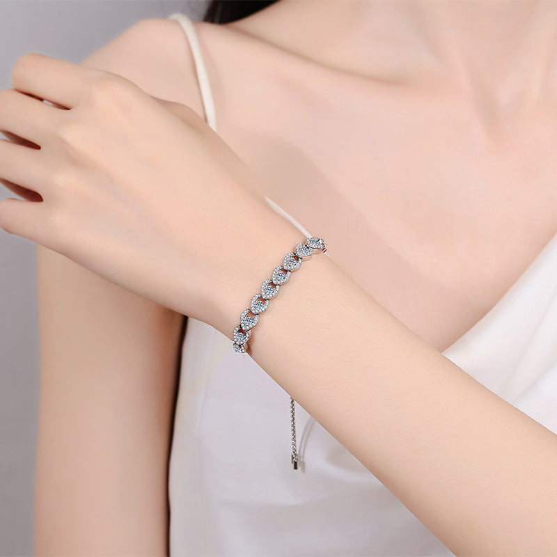 Instagram Style 5-Layer Rhodium Plated Sterling Silver Bracelet with 1ct Moissanite, Camellia, Cactus & Red Bean Charms