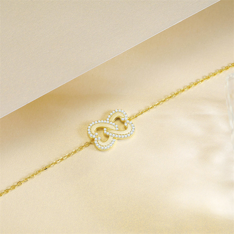 Interlocking Hearts 925 Sterling Silver Bracelet - Romantic Gold Plated Love Jewelry