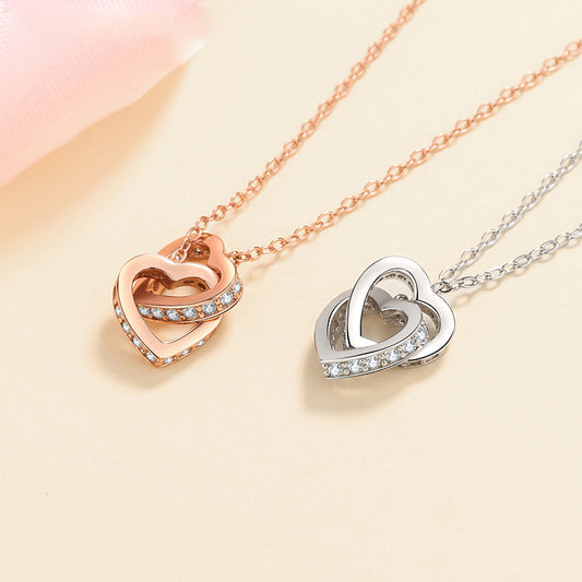 Interlocking Hearts Moissanite Necklace - S925 Sterling Silver Rose Gold/Platinum Plated Collarbone Chain