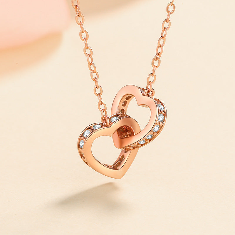 Interlocking Hearts Moissanite Necklace - S925 Sterling Silver Rose Gold/Platinum Plated Collarbone Chain