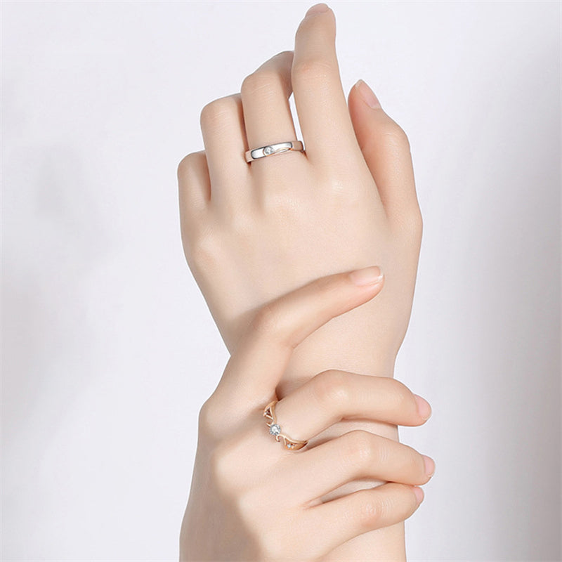 "Journey Together" Couple Rings - 925 Sterling Silver Two-Tone Adjustable Matching Set