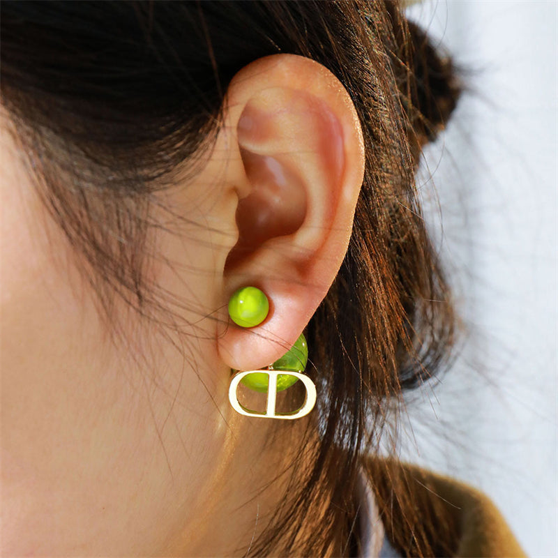 Korean-Style Geometric Drop Earrings with Enamel Color (Green/Pink)