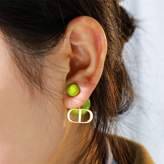 Korean-Style Geometric Drop Earrings with Enamel Color (Green/Pink)