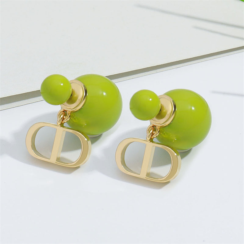 Korean-Style Geometric Drop Earrings with Enamel Color (Green/Pink)
