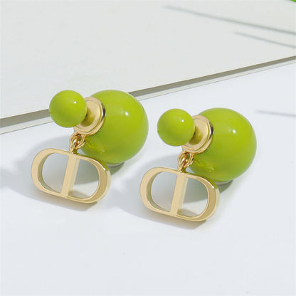 Korean-Style Geometric Drop Earrings with Enamel Color (Green/Pink)