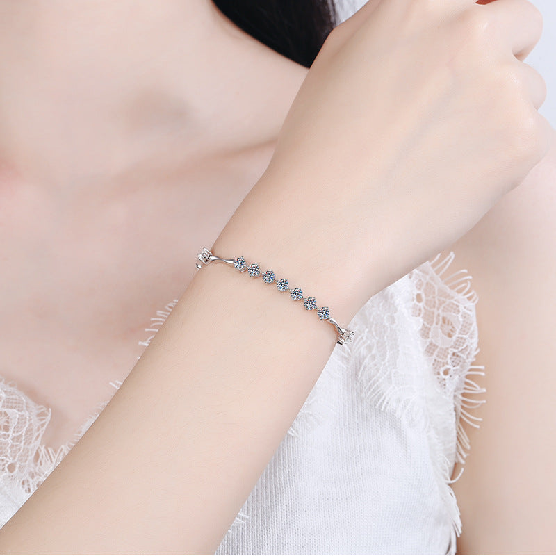 Korean Style 5-Layer Rhodium Plated Sterling Silver Bracelet - 1.35ct Moissanite with Chain & Letter Design