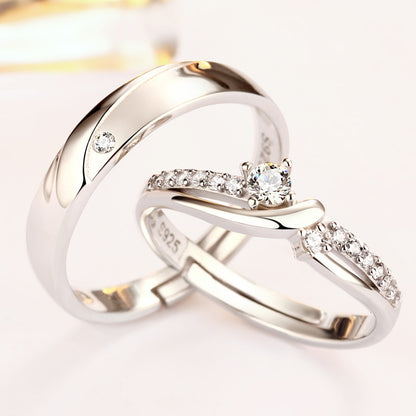 Korean Style 925 Sterling Silver Couple Rings - Adjustable Open-End Matching Set with Zircon Accents