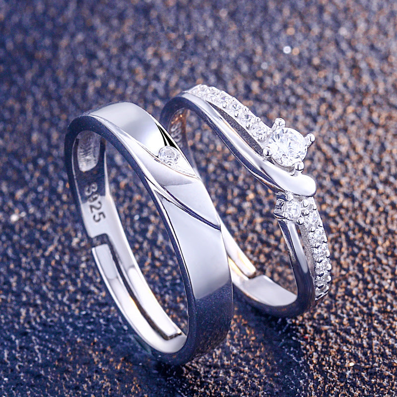 Korean Style 925 Sterling Silver Couple Rings - Adjustable Open-End Matching Set with Zircon Accents