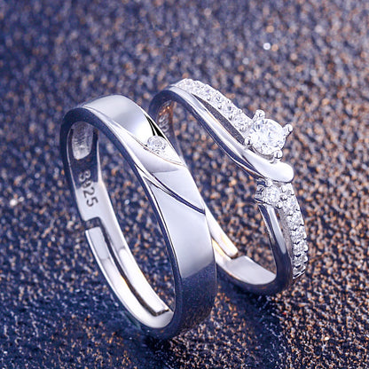 Korean Style 925 Sterling Silver Couple Rings - Adjustable Open-End Matching Set with Zircon Accents