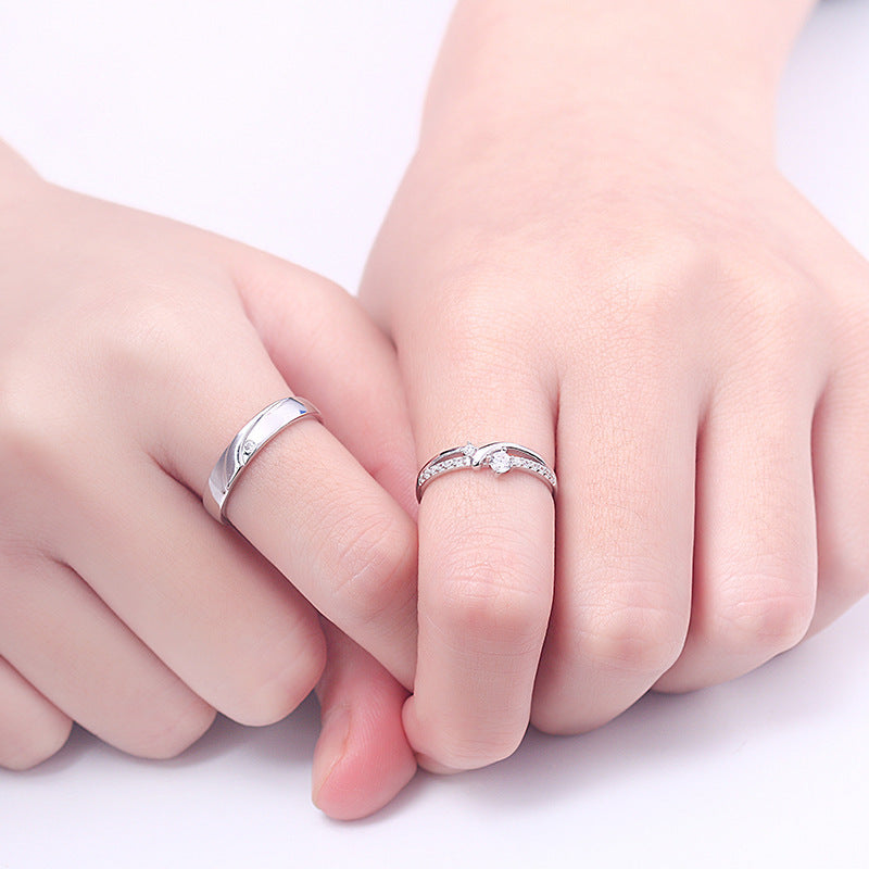 Korean Style 925 Sterling Silver Couple Rings - Adjustable Open-End Matching Set with Zircon Accents