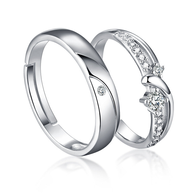 Korean Style 925 Sterling Silver Couple Rings - Adjustable Open-End Matching Set with Zircon Accents