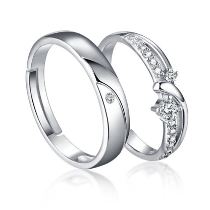 Korean Style 925 Sterling Silver Couple Rings - Adjustable Open-End Matching Set with Zircon Accents