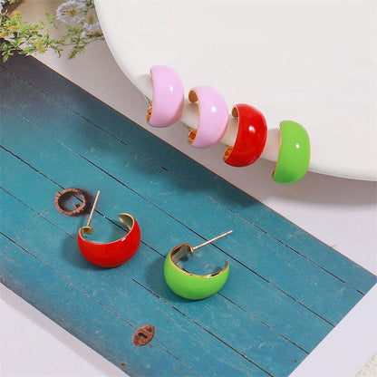 Korean Style Geometric Drop Earrings with Enamel Color - Gold Plated Brass Circle Earrings for Women