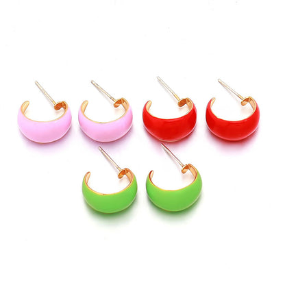 Korean Style Geometric Drop Earrings with Enamel Color - Gold Plated Brass Circle Earrings for Women