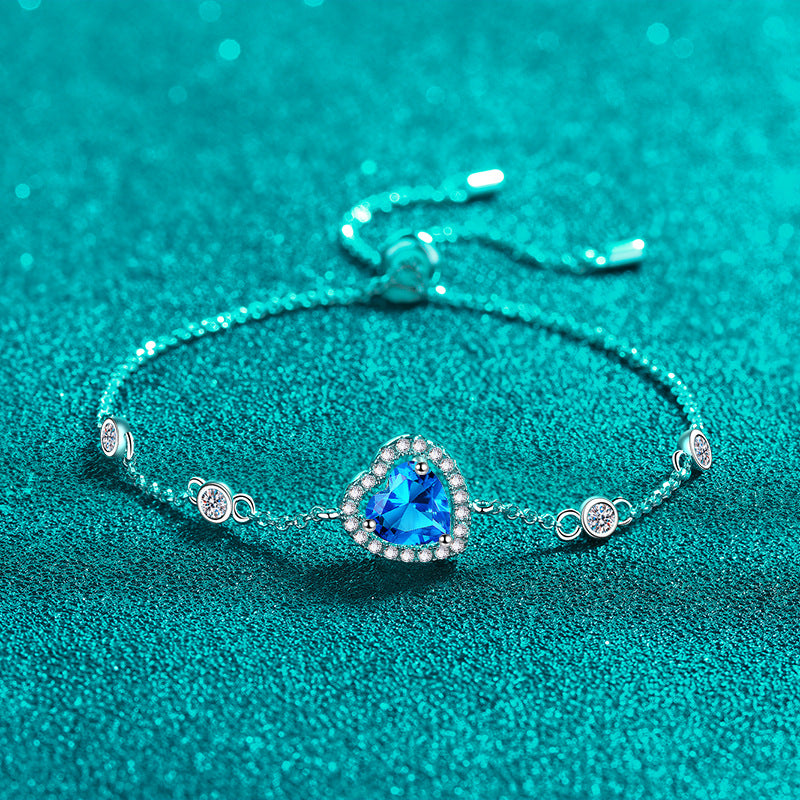 Korean Style Sweet Heart Shape Bracelet | Choice of 1ct White/Blue Moissanite or 6.5mm Zircon | 925 Silver 5-Layer Plating