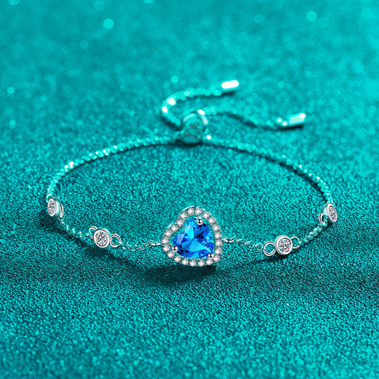 Korean Style Sweet Heart Shape Bracelet | Choice of 1ct White/Blue Moissanite or 6.5mm Zircon | 925 Silver 5-Layer Plating