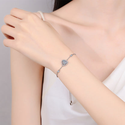 Korean Style Sweet Heart Shape Bracelet | Choice of 1ct White/Blue Moissanite or 6.5mm Zircon | 925 Silver 5-Layer Plating