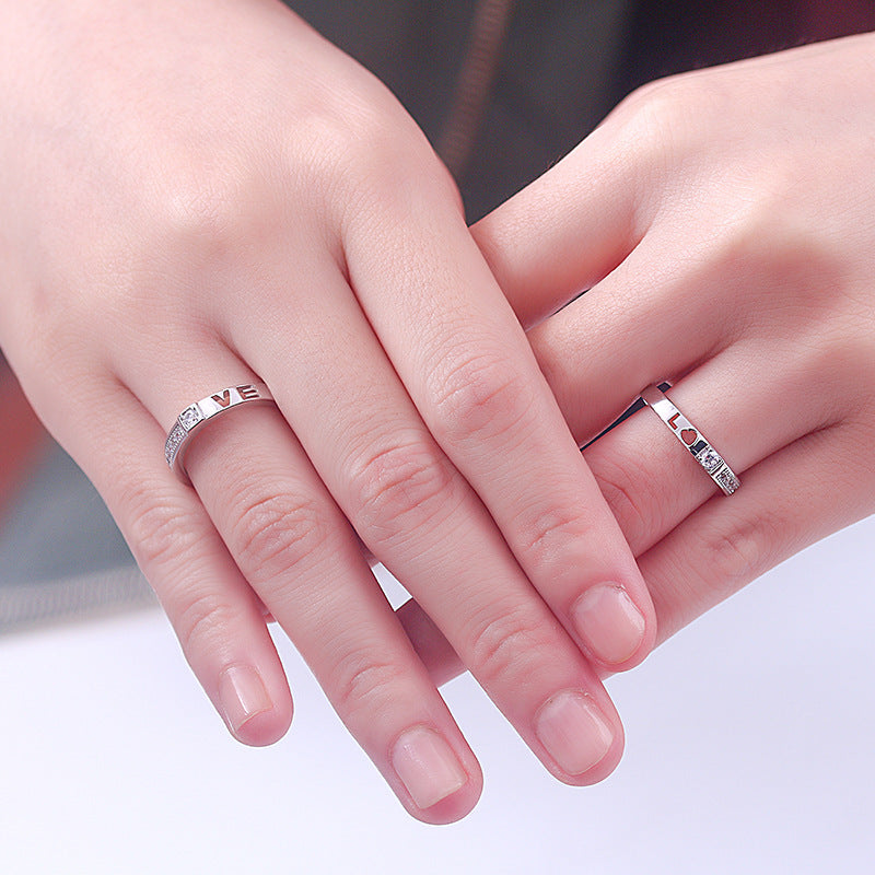 LOVE Cutout Couple Rings - 925 Sterling Silver Openwork Matching Set with Zircon Accents