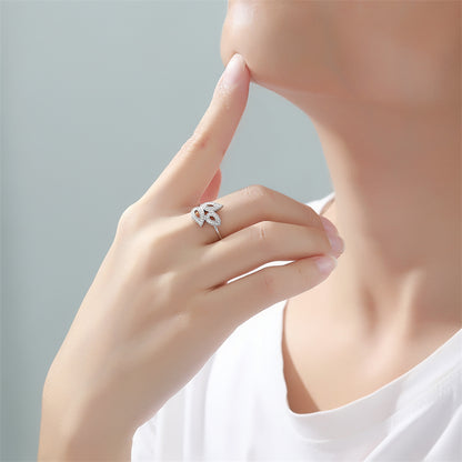 Leaf Motif 925 Silver Ring - Nature-Inspired Micro-Pavé Zirconia Band
