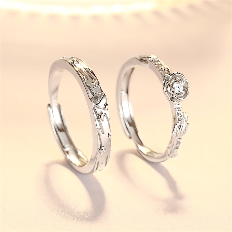 "Little Prince & Rose" 925 Sterling Silver Couple Rings - Premium Adjustable Matching Set