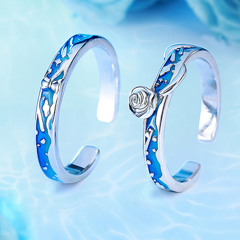 "Little Prince & Rose" Enamel Couple Rings - 925 Sterling Silver Storybook Matching Set