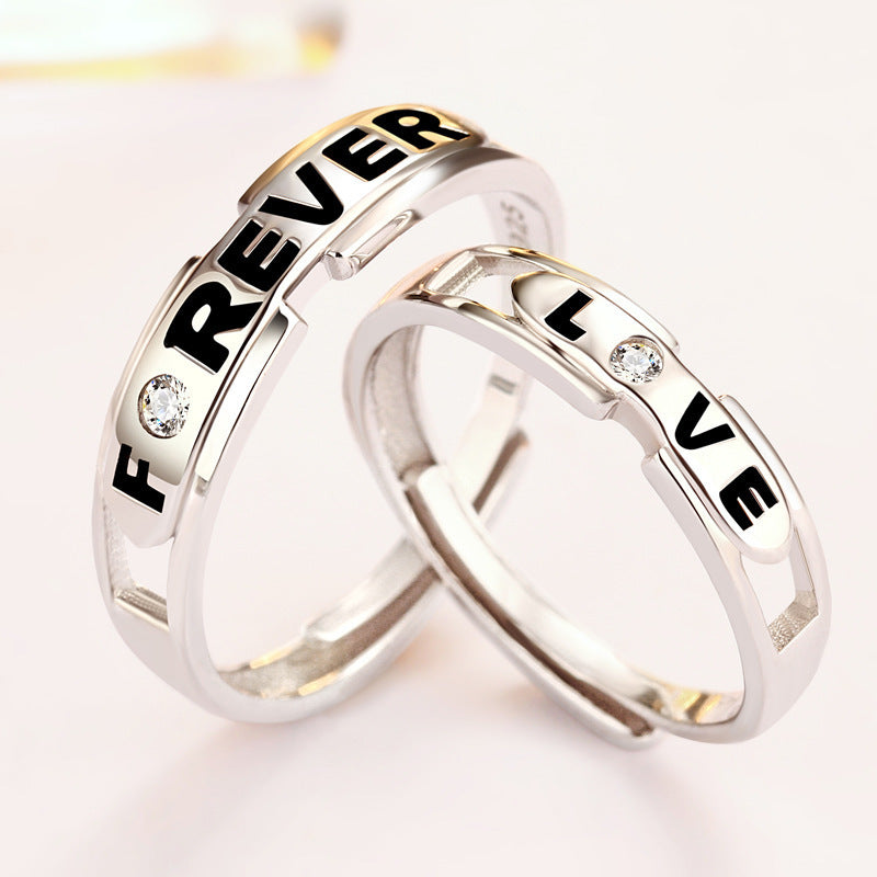"Love Forever" Couple Rings - 925 Sterling Silver Adjustable Letter Engraved Matching Set
