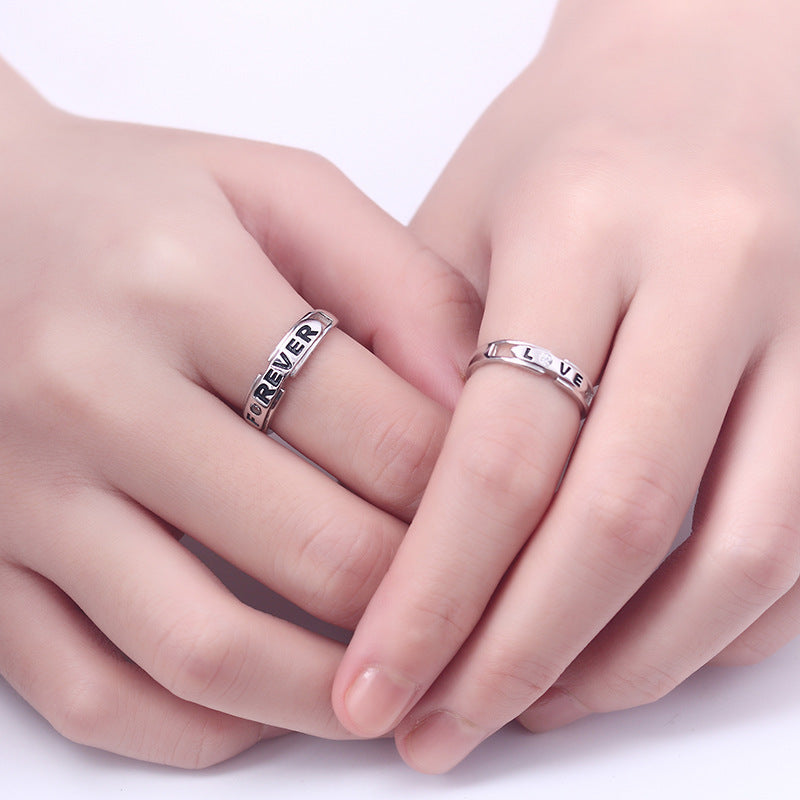 "Love Forever" Couple Rings - 925 Sterling Silver Adjustable Letter Engraved Matching Set