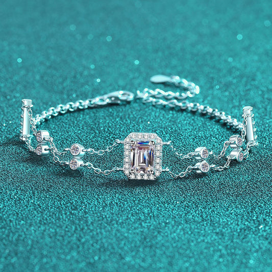 Luxury 5-Layer Rhodium Plated Sterling Silver Bracelet with 1ct Emerald & Radiant Cut Moissanite, Floral and Nature Charms
