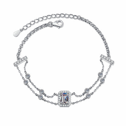 Luxury 5-Layer Rhodium Plated Sterling Silver Bracelet with 1ct Emerald & Radiant Cut Moissanite, Floral and Nature Charms