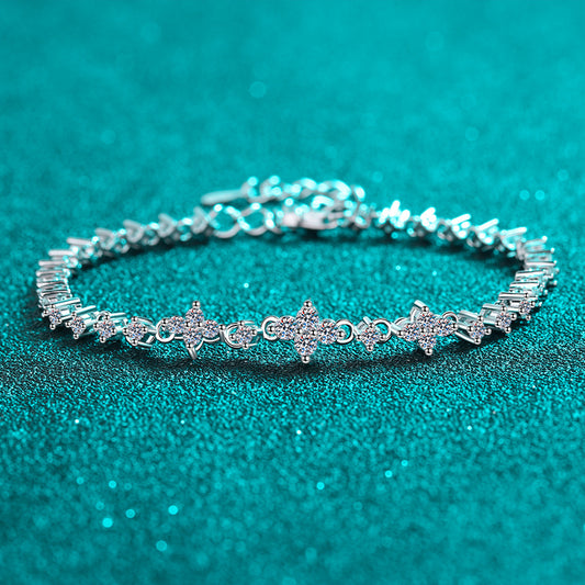 Luxury Floral 925 Silver Bracelet for Women with 1.38ct Moissanite - Lily, Rose & Camellia Design, 5-Layer Rhodium Plating