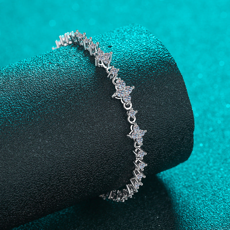 Luxury Floral 925 Silver Bracelet for Women with 1.38ct Moissanite - Lily, Rose & Camellia Design, 5-Layer Rhodium Plating