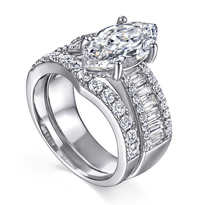 Marquise & Baguette 925 Silver Ring Set - Luxury Wedding Band Collection