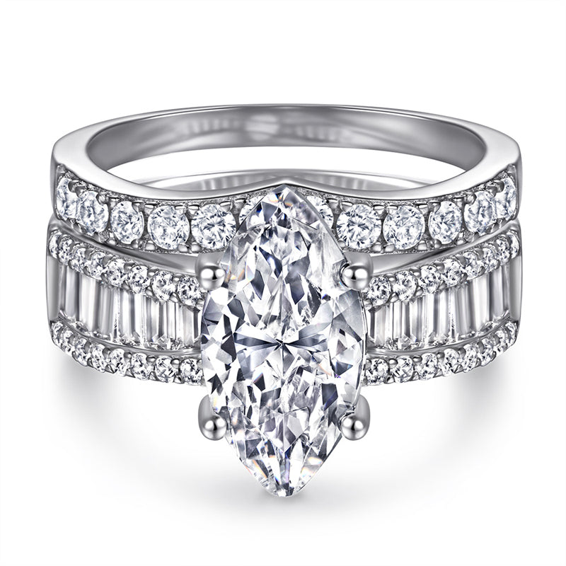 Marquise & Baguette 925 Silver Ring Set - Luxury Wedding Band Collection