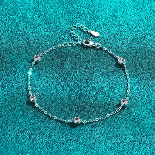 Minimalist 5-Layer Rhodium Plated Sterling Silver Bracelet - 0.5ct Moissanite with Floral & Nature Motifs