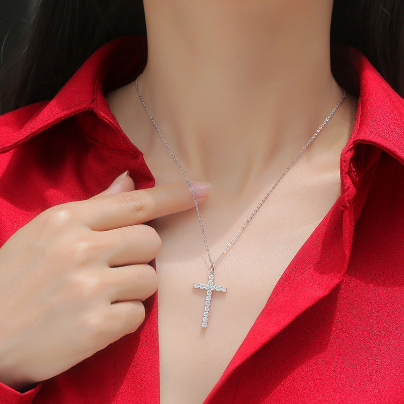 Minimalist Cross Pendant Necklace with 15 Moissanite Stones