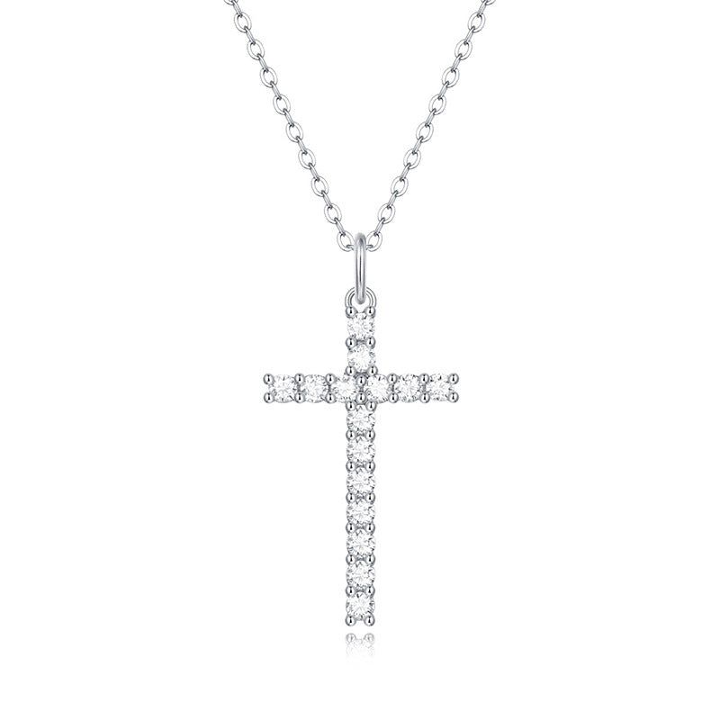 Minimalist Cross Pendant Necklace with 15 Moissanite Stones