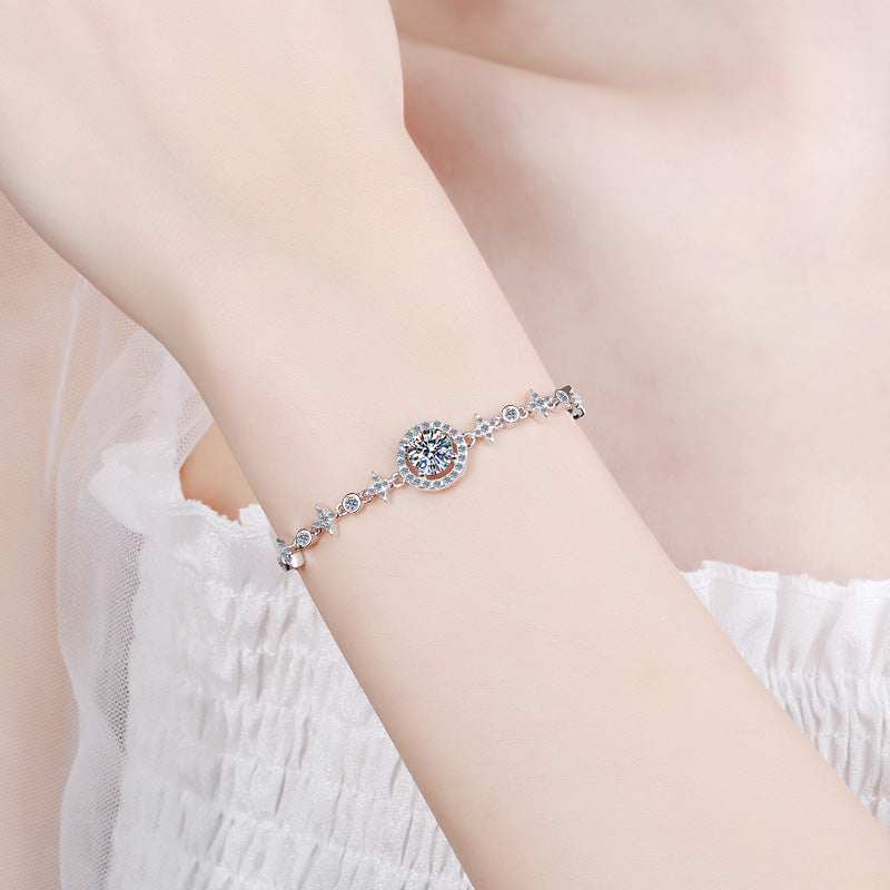 Minimalist Geometric 5-Layer Rhodium Plated Sterling Silver Bracelet with 1ct Moissanite/Zircon - Star & Hexagram Design