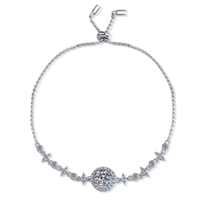 Minimalist Geometric 5-Layer Rhodium Plated Sterling Silver Bracelet with 1ct Moissanite/Zircon - Star & Hexagram Design