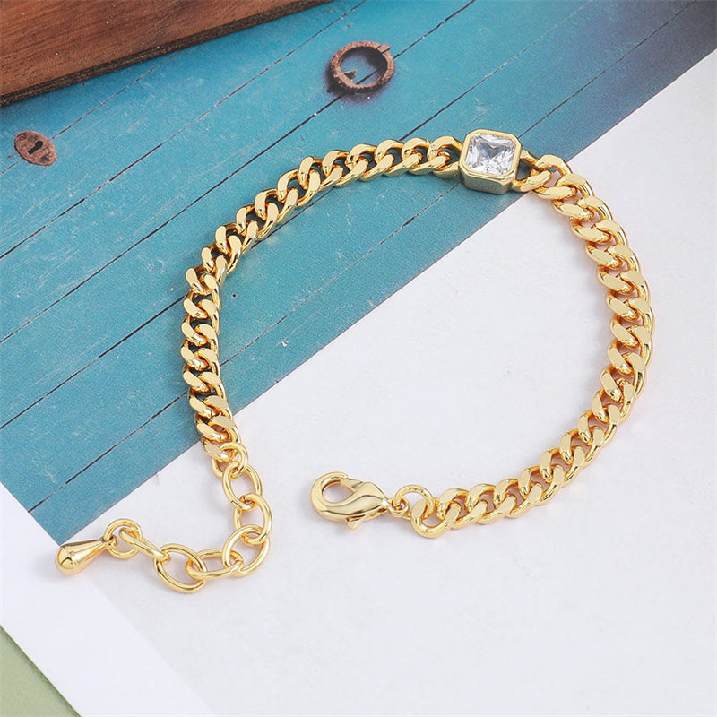 Minimalist Geometric Ring Zircon Bracelet - Genuine Gold Plated Copper 10.4g Adjustable Women's Jewelry
