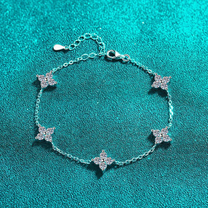 Minimalist Nature-Inspired Rhodium Plated Sterling Silver Bracelet - 2ct Moissanite with Shell & Starburst Design