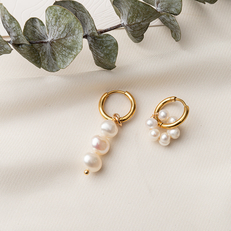 Minimalist Titanium Steel & Freshwater Pearl Earrings - Geometric Gold Plated Elegance