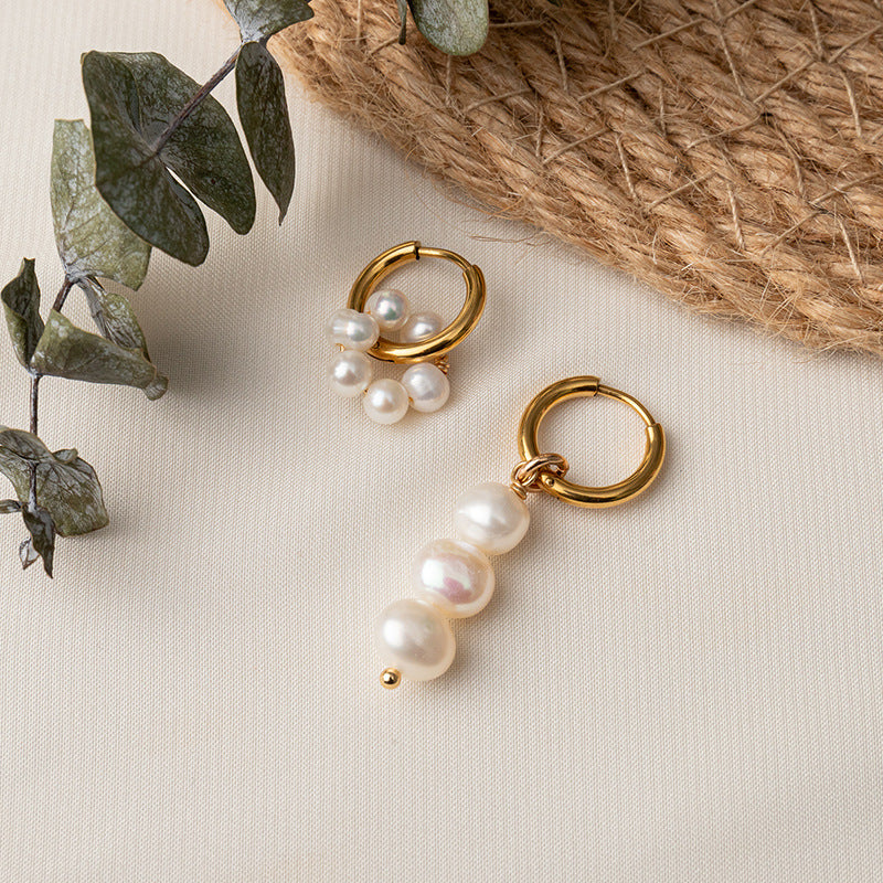 Minimalist Titanium Steel & Freshwater Pearl Earrings - Geometric Gold Plated Elegance